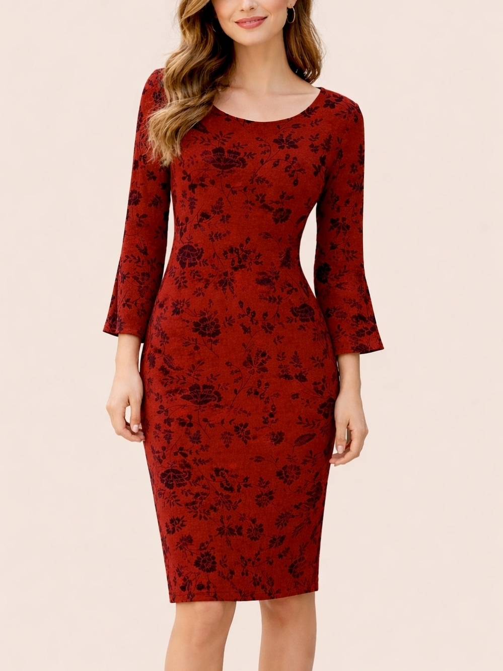 HAANI 1990s Red & Black Floral Mesh Sheath Bell Sleeve Dress
